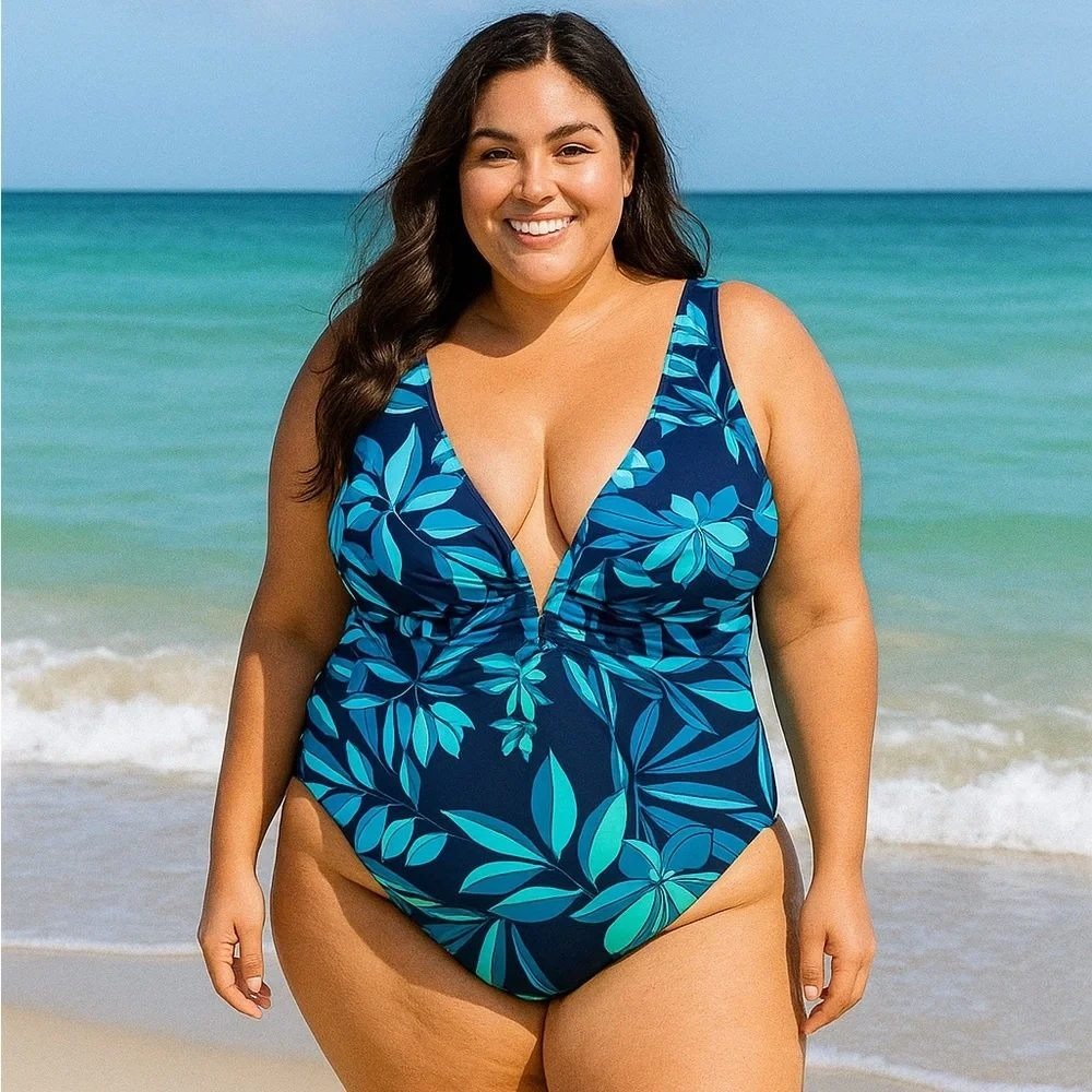 Adore Me Andria Contour One-Piece Swimsuit Blue Floral 2X NWT